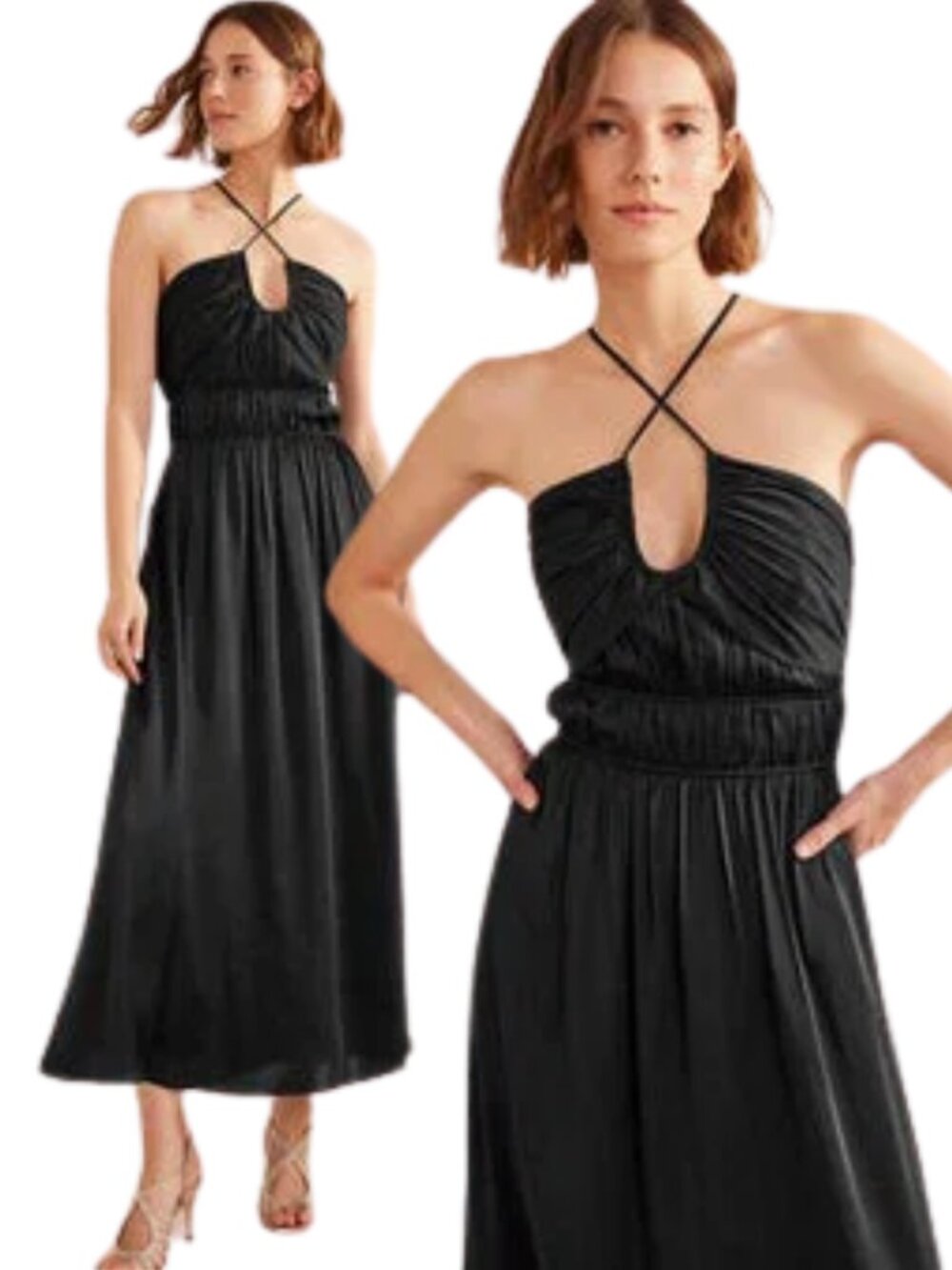 Boden Ruched Bust Satin Maxi Dress Women's 4P Petite Black Formal Cocktail Party - Picture 2 of 16
